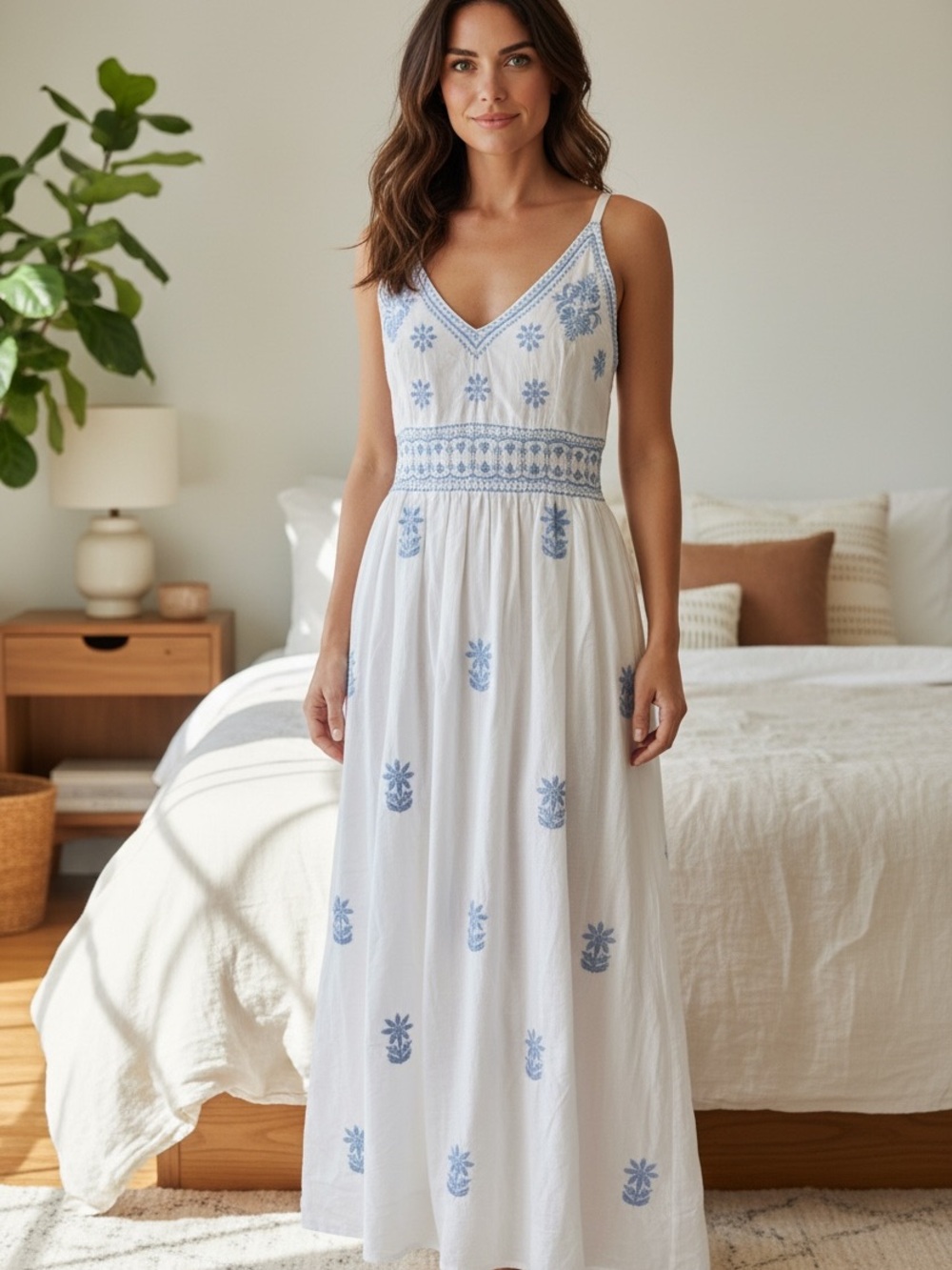 Gretchen Scott Designs White Maxi Dress with Blue Embroidery